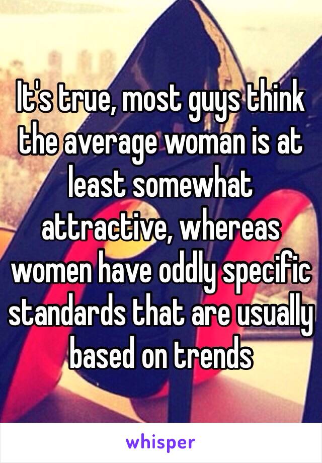 It's true, most guys think the average woman is at least somewhat attractive, whereas women have oddly specific standards that are usually based on trends