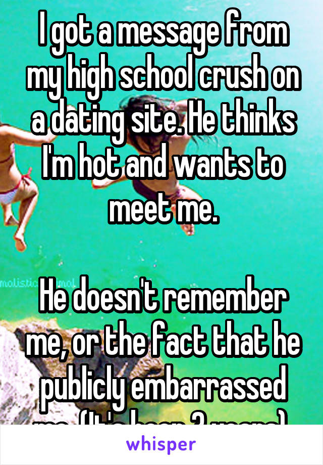 I got a message from my high school crush on a dating site. He thinks I'm hot and wants to meet me.

He doesn't remember me, or the fact that he publicly embarrassed me. (It's been 3 years) 