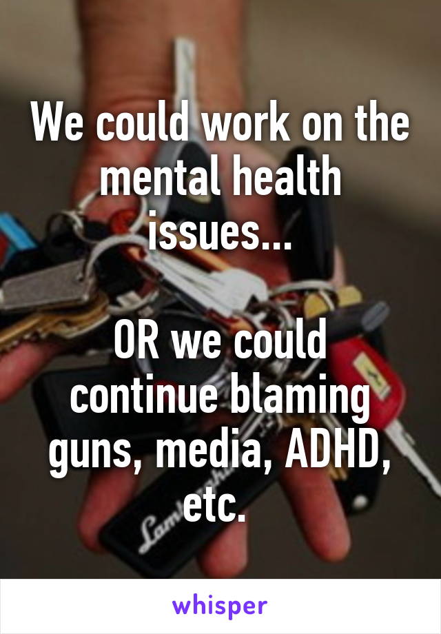 We could work on the mental health issues...

OR we could continue blaming guns, media, ADHD, etc. 