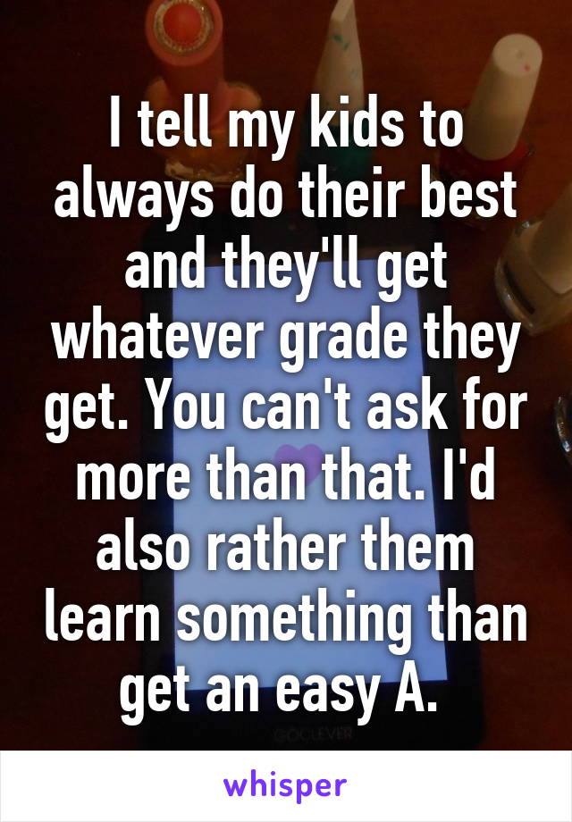 I tell my kids to always do their best and they'll get whatever grade they get. You can't ask for more than that. I'd also rather them learn something than get an easy A. 