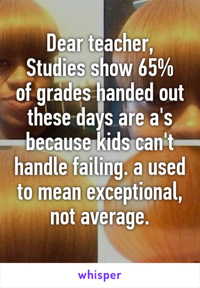 Dear teacher,
Studies show 65% of grades handed out these days are a's because kids can't handle failing. a used to mean exceptional, not average.
