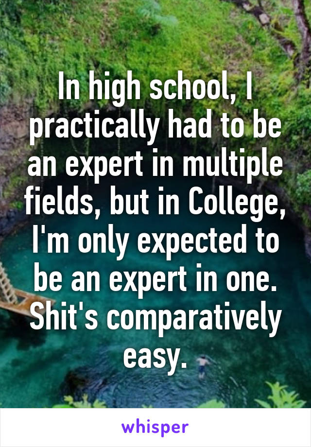 In high school, I practically had to be an expert in multiple fields, but in College, I'm only expected to be an expert in one. Shit's comparatively easy.