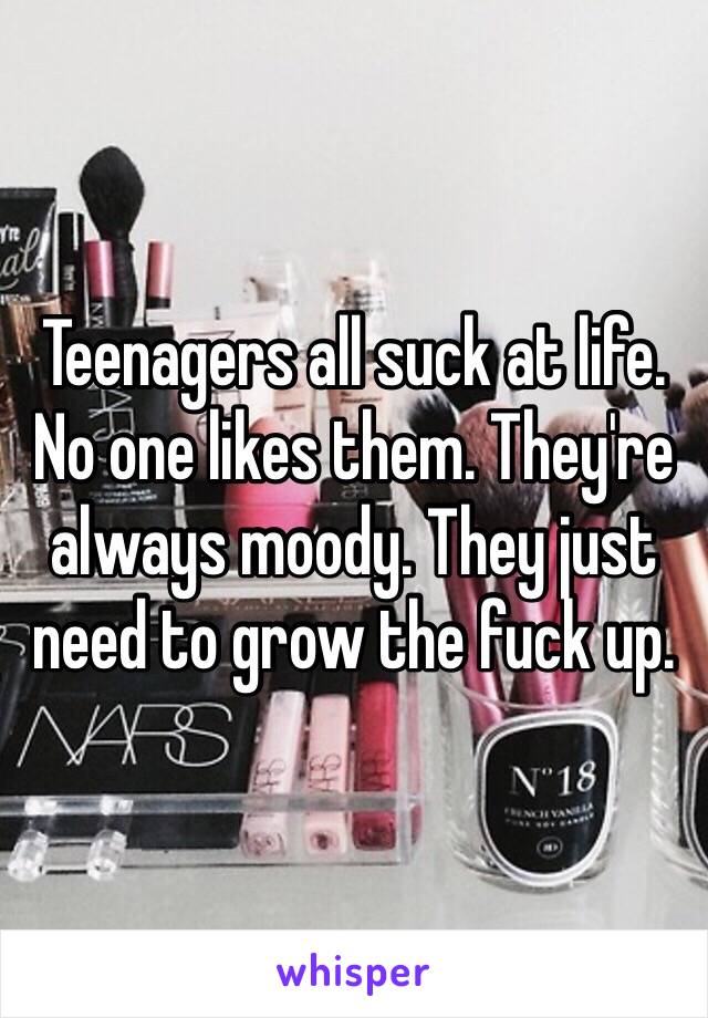 Teenagers all suck at life. No one likes them. They're always moody. They just need to grow the fuck up. 