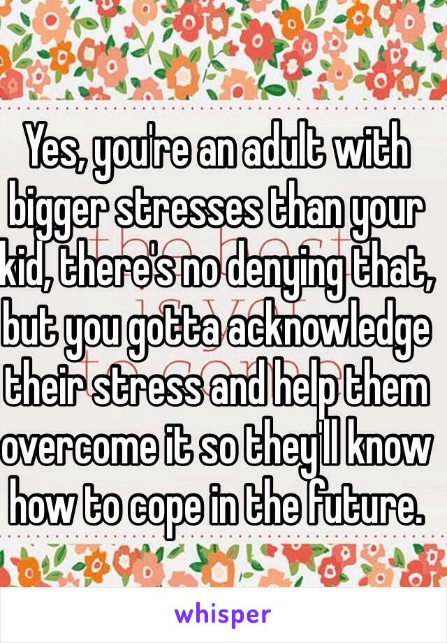 Yes, you're an adult with bigger stresses than your kid, there's no denying that, but you gotta acknowledge their stress and help them overcome it so they'll know how to cope in the future.