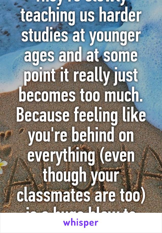 They're slowly teaching us harder studies at younger ages and at some point it really just becomes too much. Because feeling like you're behind on everything (even though your classmates are too) is a huge blow to your self esteem :/