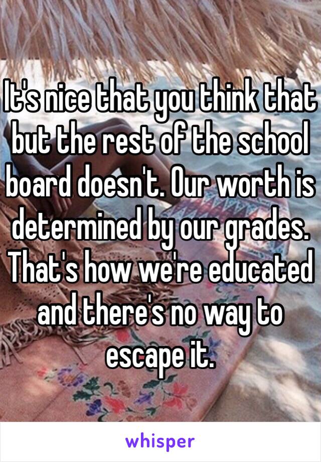 It's nice that you think that but the rest of the school board doesn't. Our worth is determined by our grades. That's how we're educated and there's no way to escape it. 