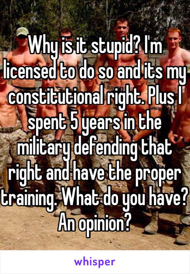 Why is it stupid? I'm licensed to do so and its my constitutional right. Plus I spent 5 years in the military defending that right and have the proper training. What do you have? An opinion?