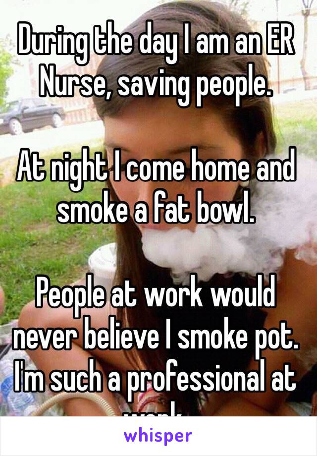 During the day I am an ER Nurse, saving people. 

At night I come home and smoke a fat bowl.

People at work would never believe I smoke pot. I'm such a professional at work.