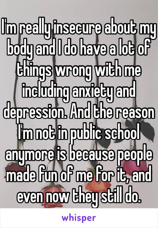 I'm really insecure about my body and I do have a lot of things wrong with me including anxiety and depression. And the reason I'm not in public school anymore is because people made fun of me for it, and even now they still do.