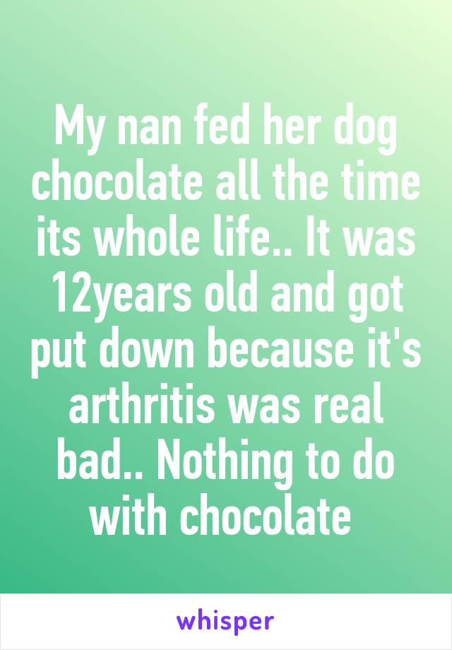 My nan fed her dog chocolate all the time its whole life.. It was 12years old and got put down because it's arthritis was real bad.. Nothing to do with chocolate 
