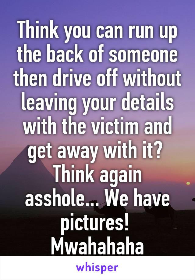 Think you can run up the back of someone then drive off without leaving your details with the victim and get away with it? 
Think again asshole... We have pictures! 
Mwahahaha
