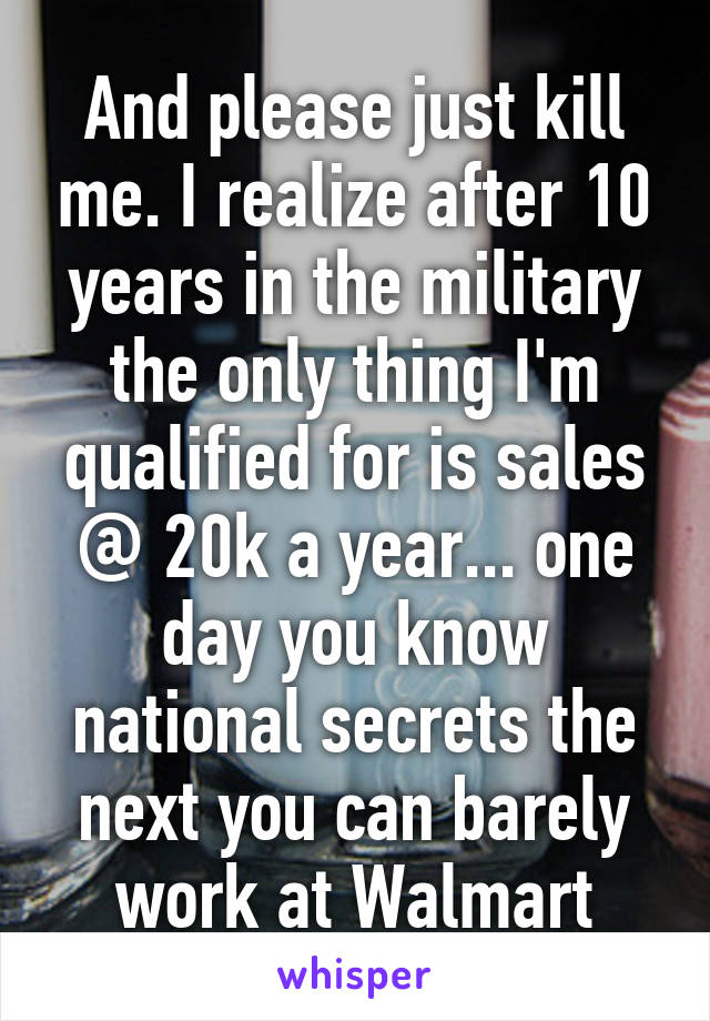 And please just kill me. I realize after 10 years in the military the only thing I'm qualified for is sales @ 20k a year... one day you know national secrets the next you can barely work at Walmart