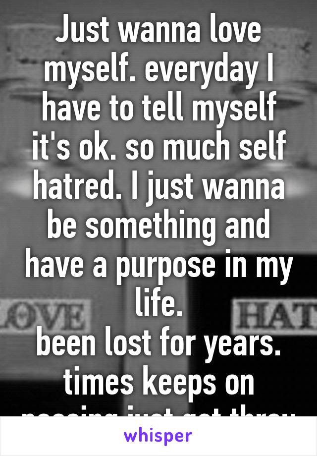 Just wanna love myself. everyday I have to tell myself it's ok. so much self hatred. I just wanna be something and have a purpose in my life.
been lost for years.
times keeps on passing just get throu