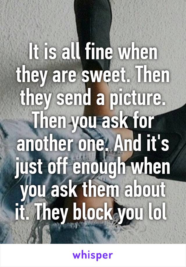 It is all fine when they are sweet. Then they send a picture. Then you ask for another one. And it's just off enough when you ask them about it. They block you lol 