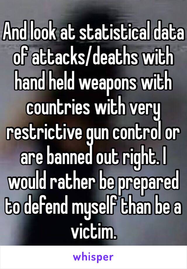 And look at statistical data of attacks/deaths with hand held weapons with countries with very restrictive gun control or are banned out right. I would rather be prepared to defend myself than be a victim. 