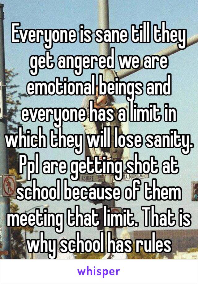 Everyone is sane till they get angered we are emotional beings and everyone has a limit in which they will lose sanity. Ppl are getting shot at school because of them meeting that limit. That is why school has rules