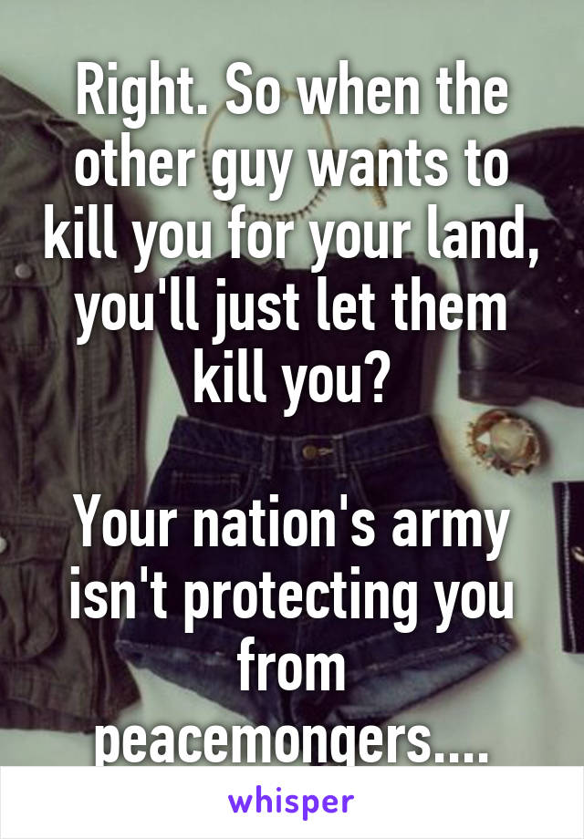 Right. So when the other guy wants to kill you for your land, you'll just let them kill you?

Your nation's army isn't protecting you from peacemongers....