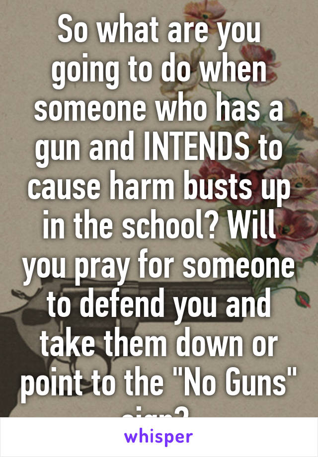 So what are you going to do when someone who has a gun and INTENDS to cause harm busts up in the school? Will you pray for someone to defend you and take them down or point to the "No Guns" sign? 