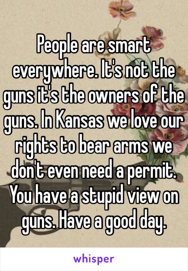 People are smart everywhere. It's not the guns it's the owners of the guns. In Kansas we love our rights to bear arms we don't even need a permit. You have a stupid view on guns. Have a good day. 