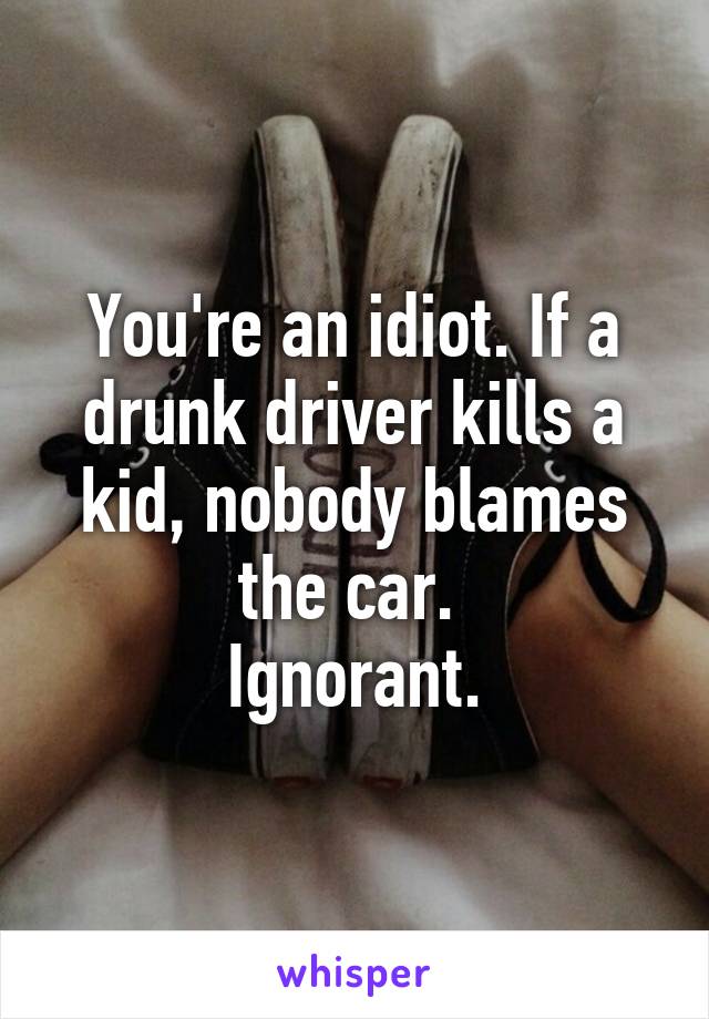 You're an idiot. If a drunk driver kills a kid, nobody blames the car. 
Ignorant.