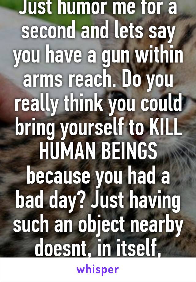 Just humor me for a second and lets say you have a gun within arms reach. Do you really think you could bring yourself to KILL HUMAN BEINGS because you had a bad day? Just having such an object nearby doesnt, in itself, make anyone a killer.