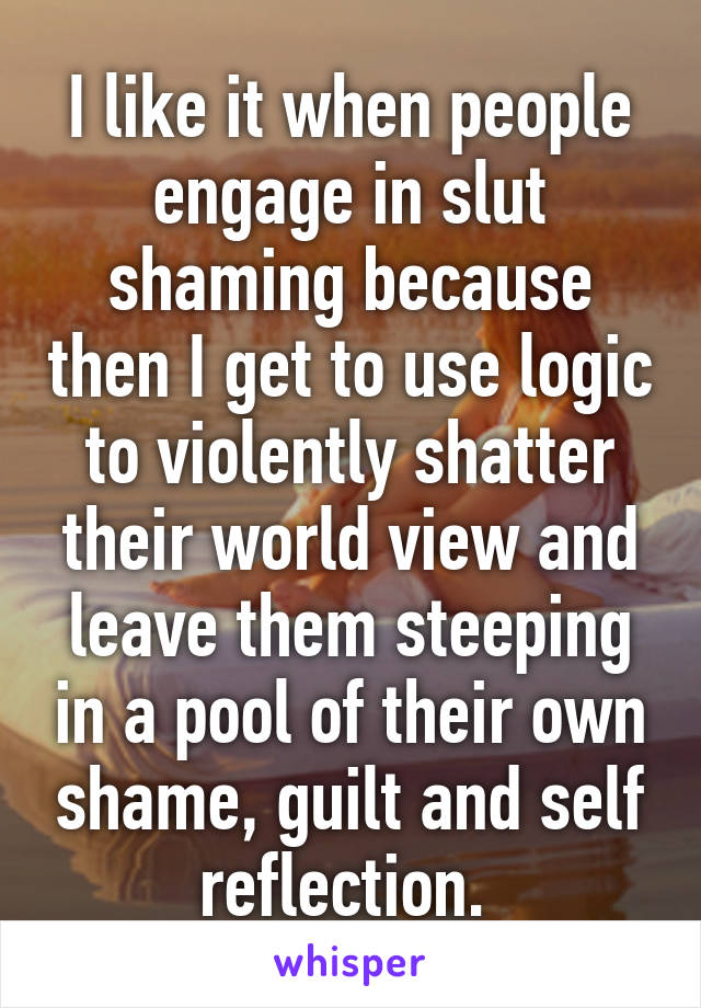 I like it when people engage in slut shaming because then I get to use logic to violently shatter their world view and leave them steeping in a pool of their own shame, guilt and self reflection. 