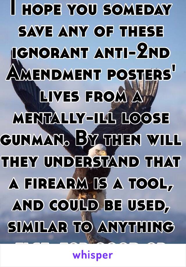 I hope you someday save any of these ignorant anti-2nd Amendment posters' lives from a mentally-ill loose gunman. By then will they understand that a firearm is a tool, and could be used, similar to anything else, for good or bad deeds.