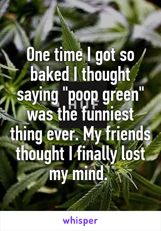 One time I got so baked I thought saying "poop green" was the funniest thing ever. My friends thought I finally lost my mind. 