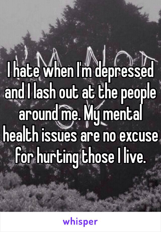 I hate when I'm depressed and I lash out at the people around me. My mental health issues are no excuse for hurting those I live.