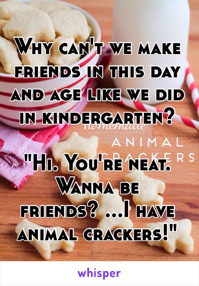 Why can't we make friends in this day and age like we did in kindergarten? 

"Hi. You're neat. Wanna be friends? ...I have animal crackers!" 