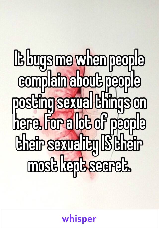 It bugs me when people complain about people posting sexual things on here. For a lot of people their sexuality IS their most kept secret. 