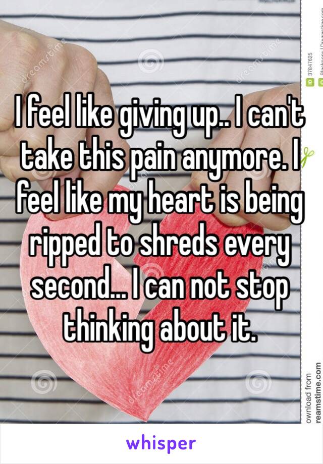 I feel like giving up.. I can't take this pain anymore. I feel like my heart is being ripped to shreds every second... I can not stop thinking about it.