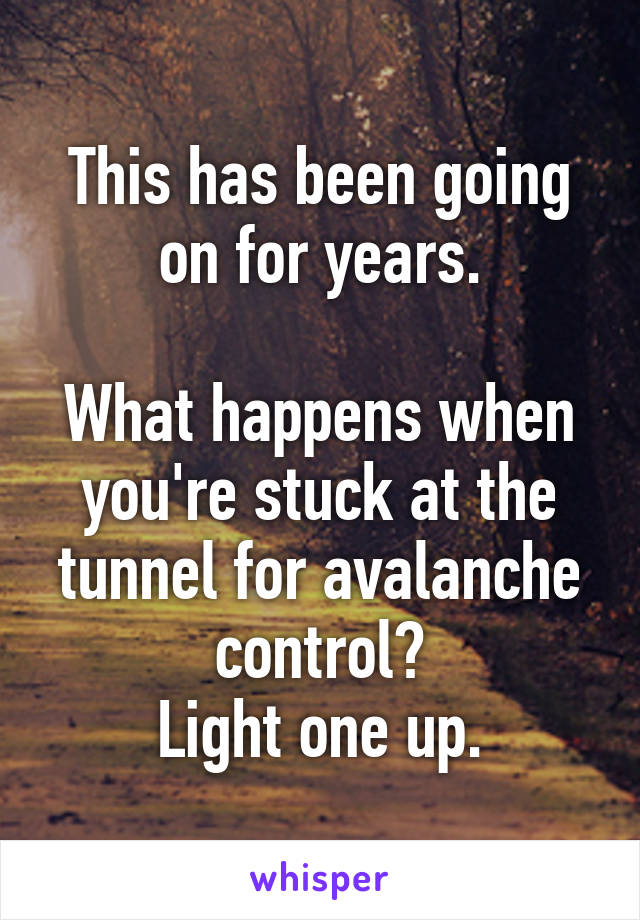 This has been going on for years.

What happens when you're stuck at the tunnel for avalanche control?
Light one up.