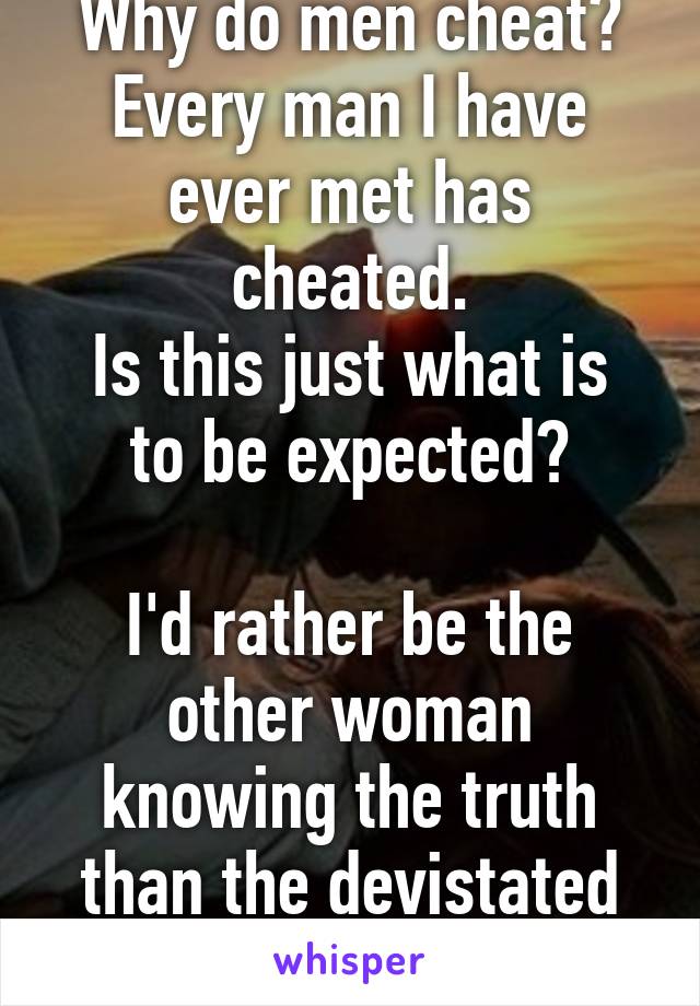 Why do men cheat?
Every man I have ever met has cheated.
Is this just what is to be expected?

I'd rather be the other woman knowing the truth than the devistated wife.