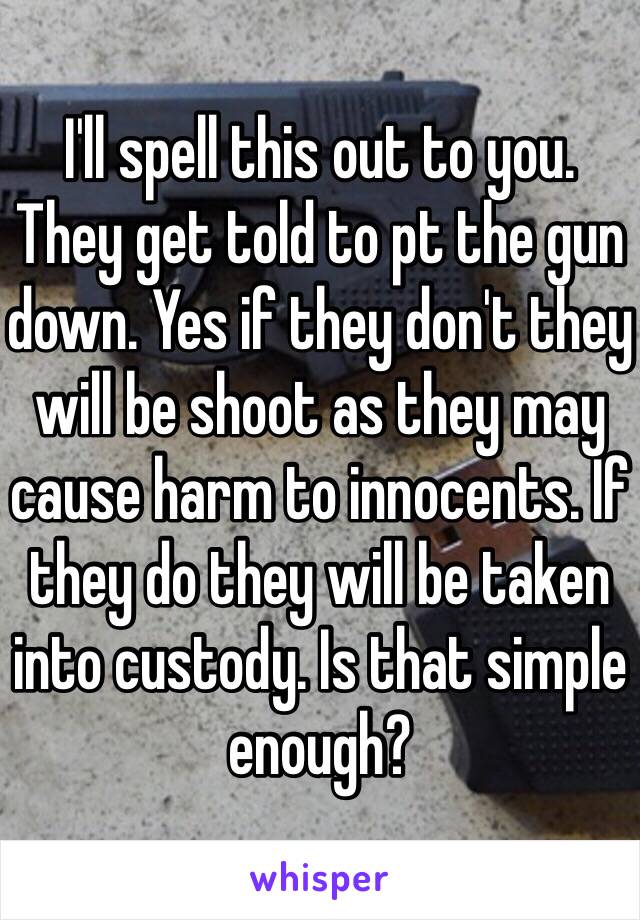 I'll spell this out to you.
They get told to pt the gun down. Yes if they don't they will be shoot as they may cause harm to innocents. If they do they will be taken into custody. Is that simple enough?