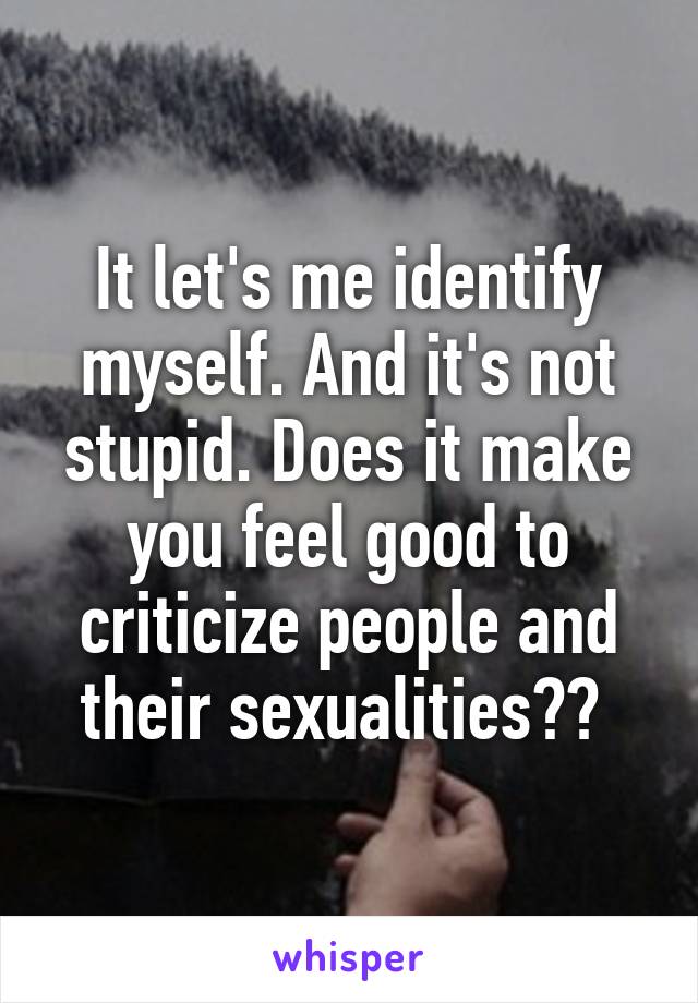 It let's me identify myself. And it's not stupid. Does it make you feel good to criticize people and their sexualities?? 