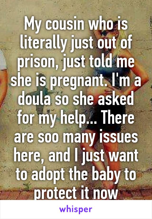 My cousin who is literally just out of prison, just told me she is pregnant. I'm a doula so she asked for my help... There are soo many issues here, and I just want to adopt the baby to protect it now