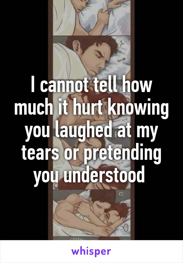 I cannot tell how much it hurt knowing you laughed at my tears or pretending you understood 