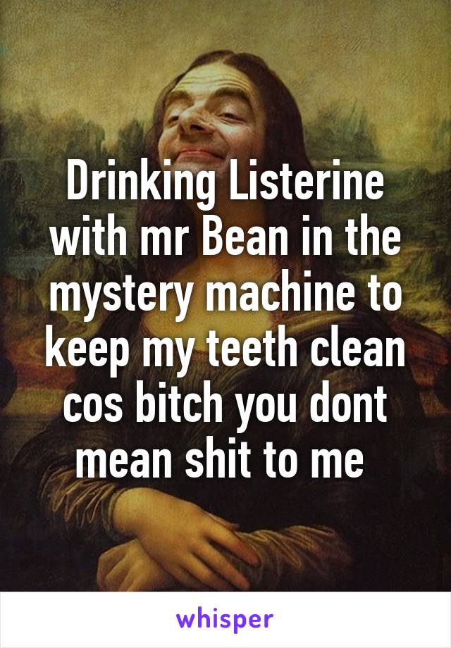 Drinking Listerine with mr Bean in the mystery machine to keep my teeth clean cos bitch you dont mean shit to me 