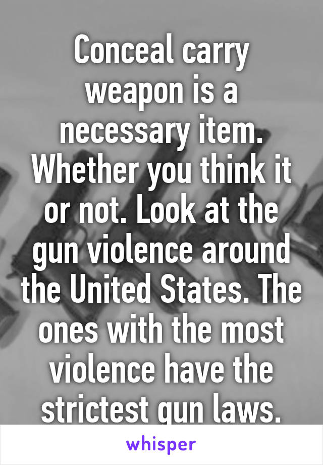 Conceal carry weapon is a necessary item. Whether you think it or not. Look at the gun violence around the United States. The ones with the most violence have the strictest gun laws.