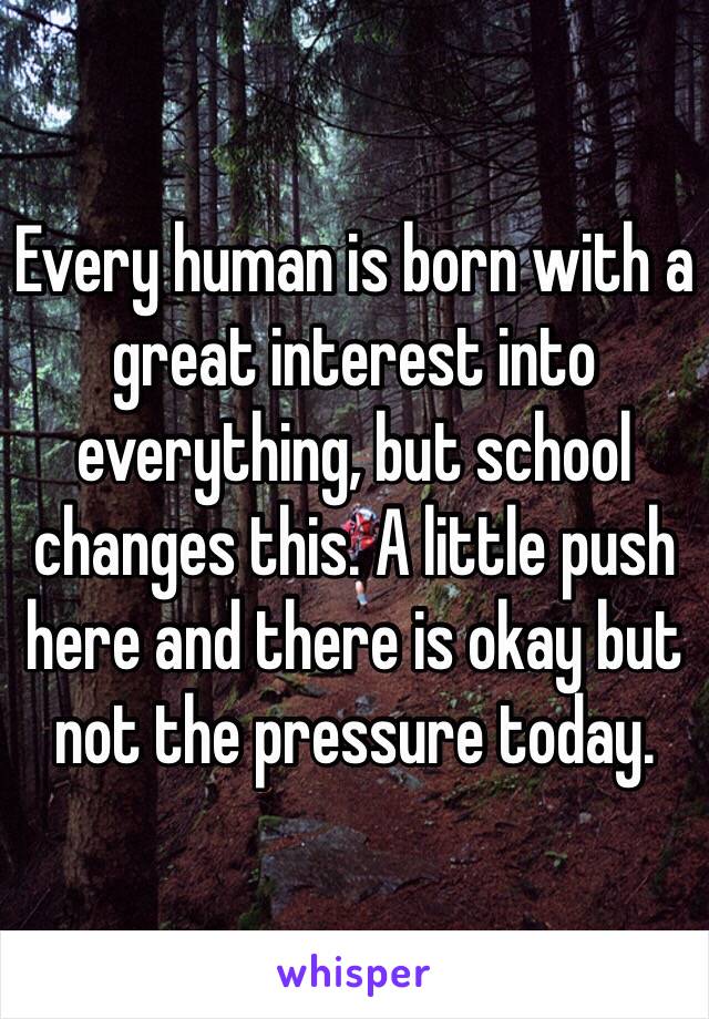 Every human is born with a great interest into everything, but school changes this. A little push here and there is okay but not the pressure today. 