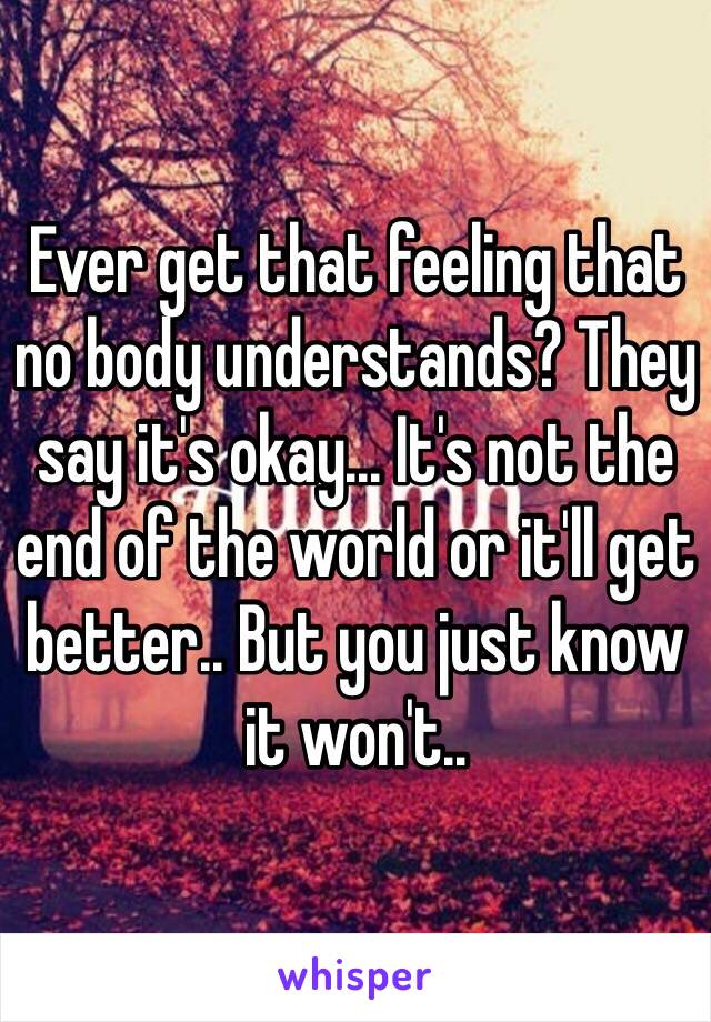 Ever get that feeling that no body understands? They say it's okay... It's not the end of the world or it'll get better.. But you just know it won't..