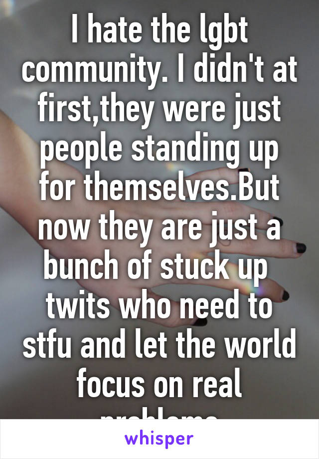 I hate the lgbt community. I didn't at first,they were just people standing up for themselves.But now they are just a bunch of stuck up  twits who need to stfu and let the world focus on real problems