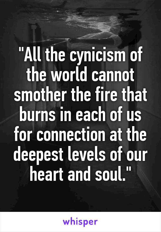 "All the cynicism of the world cannot smother the fire that burns in each of us for connection at the deepest levels of our heart and soul."