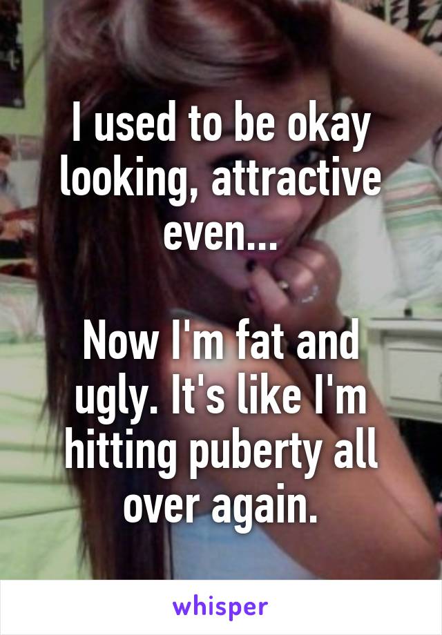 I used to be okay looking, attractive even...

Now I'm fat and ugly. It's like I'm hitting puberty all over again.