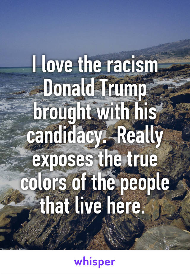 I love the racism Donald Trump brought with his candidacy.  Really exposes the true colors of the people that live here. 