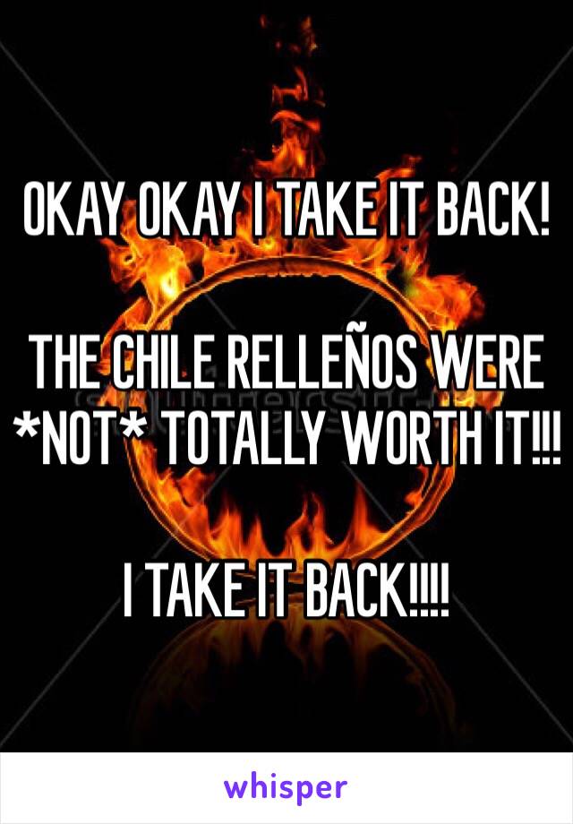 OKAY OKAY I TAKE IT BACK!

THE CHILE RELLEÑOS WERE *NOT* TOTALLY WORTH IT!!!

I TAKE IT BACK!!!!