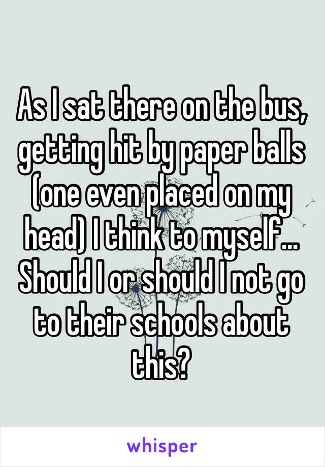 As I sat there on the bus, getting hit by paper balls (one even placed on my head) I think to myself... Should I or should I not go to their schools about this?