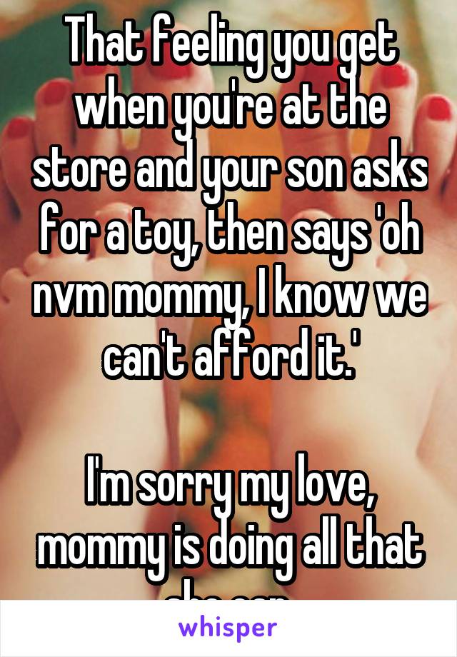 That feeling you get when you're at the store and your son asks for a toy, then says 'oh nvm mommy, I know we can't afford it.'

I'm sorry my love, mommy is doing all that she can.