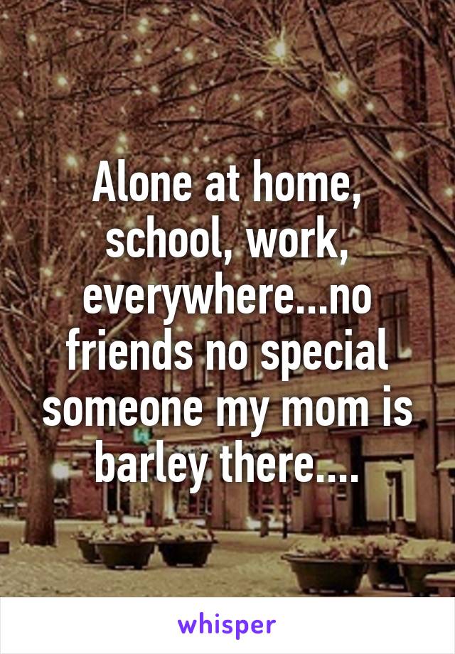 Alone at home, school, work, everywhere...no friends no special someone my mom is barley there....